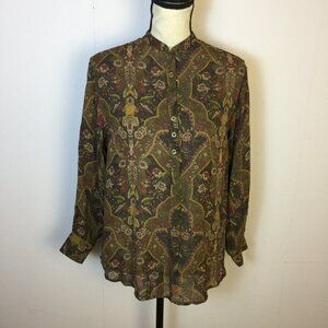 Gap Button Up Shirt Blouse XS Woman Brown Floral Print Rayon Long Sleeve Vintage